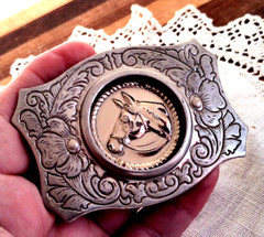 Belt Buckle w Horse Head Silver Tone Metal Western Style