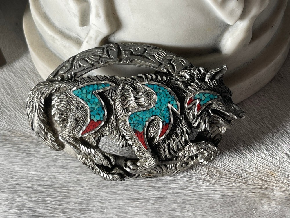 Vintage EJC Belt Buckle 4.25 x 2.75 in Wolf Southwestern Turq 1996 Oval 1.75