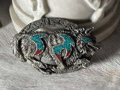 Vintage EJC Belt Buckle 4.25 x 2.75 in Wolf Southwestern Turq 1996 Oval 1.75