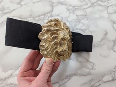 Vintage Lion Head Oversize Gold Metal Belt Buckle Elastic Fashion Belt 80&rsquo;s 90&rsquo;s