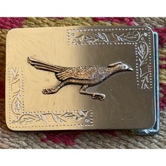 Vintage Silver Tone Roadrunner Belt Buckle Western Southwestern Etched Floral