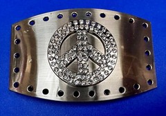 Jeweled Peace Sign Studded Rhinestone Silver Tone Belt Buckle W/ Hole Border