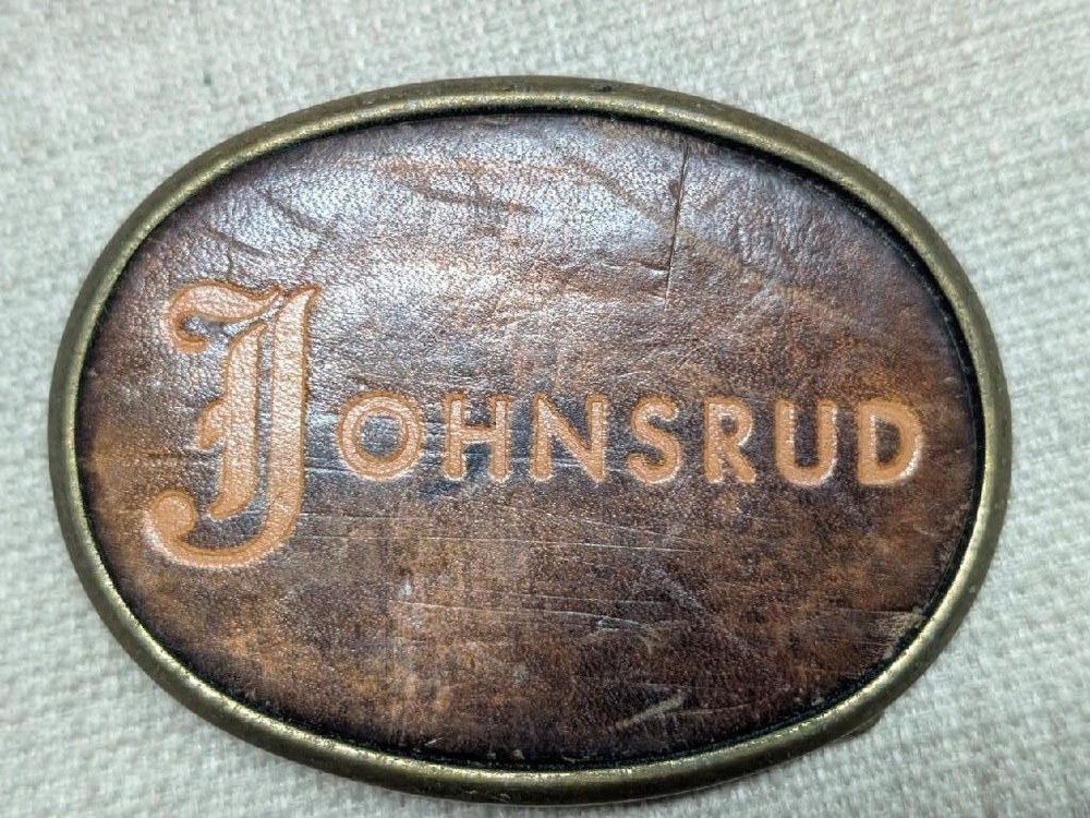 1970s vintage JOHNSRUD belt buckle TRUCKER trucking BRASS tooled leather WESTERN