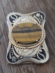 Vintage Brown Tiger Eye Country Western Mens Cowboy Belt Buckle 3&Prime; Gold Tone VGC
