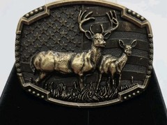 Belt Buckle Bronze Deer Hunter USA Flag Background Western 4&Prime; New