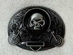 1999/Y2K Roses Motorcycle & Skull Distressed X3 Metal Belt Buckle Black Oval Vtg