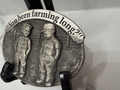vintage USA made LITTLE FARMERS belt buckle SOLID PEWTER farming WESTERN heavy