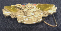VTG Siskiyou Pewter & Enamel Biker Belt Buckle Skull & Crossbones Wheel & Wings