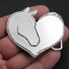 Western Heart Belt Buckle with Horse Head in Antique Silver, Rustic Interchangeable Buckle