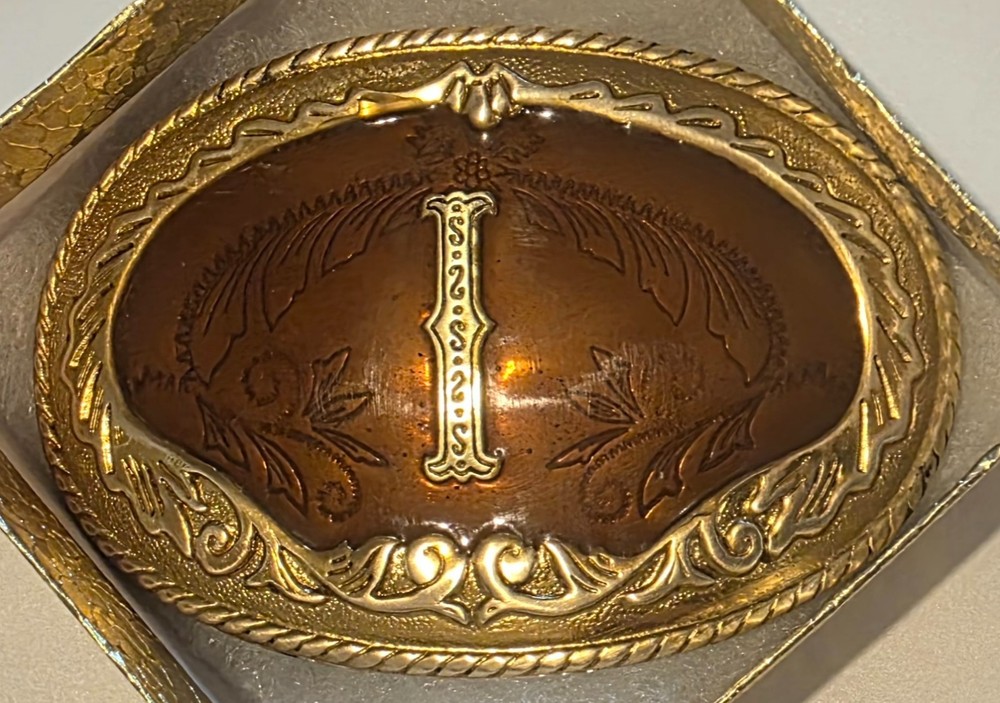 Vintage Metal Belt Buckle, Brass and Enamel, Letter I, Initial I, Nice German