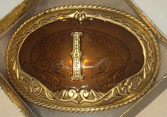 Vintage Metal Belt Buckle, Brass and Enamel, Letter I, Initial I, Nice German