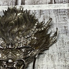 Silver Plated Asian Chinese Dragon Head Metal Belt Buckle Bejeweled