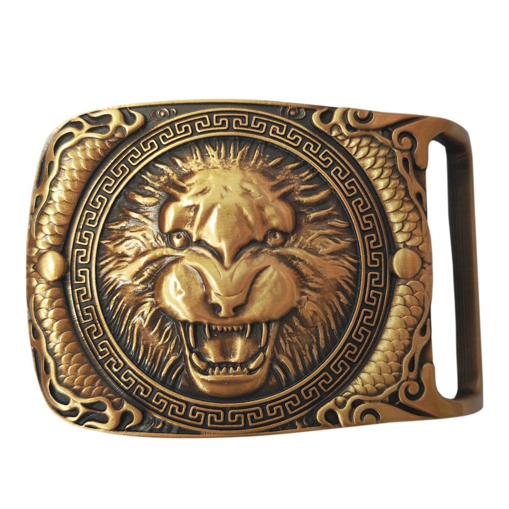Green Eyes` Lion Head Solid Brass Belt Buckle Western Cowboy Vintage Antique