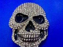Creepy Skull Grinning Teeth Black Enamel Clear Rhinestone Covered Belt Buckle
