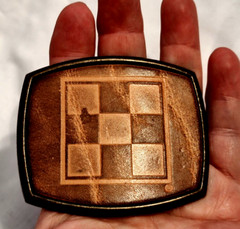 Belt Buckle Cast Brass w Dyed Embossed Leather El Cid Chess Checkers 2.5&Prime; X 3&Prime;