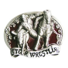 Steer Wrestling Cowboy Rodeo Western Red Enamel Metal Belt Buckle