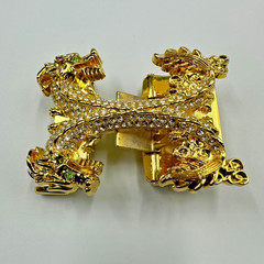 Double Dragon Rhinestone Ratchet Belt Buckle Gold Tone Automatic Slide