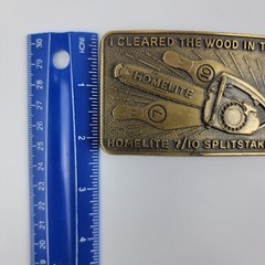 Vintage Solid Brass Homelite Chainsaw 7/10 Splitstakes Belt Buckle 3.5×2.25 EUC