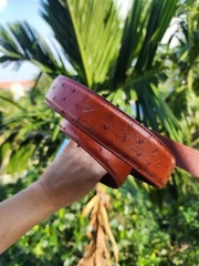 3.8CM Cognac 100% Genuine Ostrich Leather Skin Men Belt Buckle- Handmade
