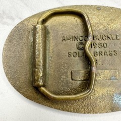 Vintage Aminco 1980 Solid Brass Deer Belt Buckle Red Black Enamel Oval Laurel