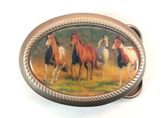 Running Horses Western Metal Belt Buckle With Celluloid/Vinyl Insert