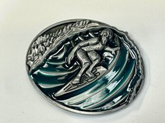 Surfer On Ocean Wave Pipeline Surfing Hang 10 – Blue Green Color Belt Buckle