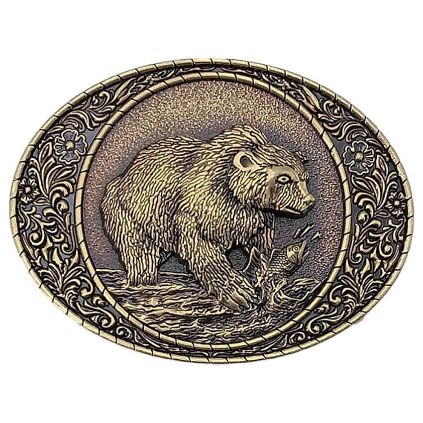 Men Antique BRONZE Metal Belt Buckle Bear Hunting Salmon