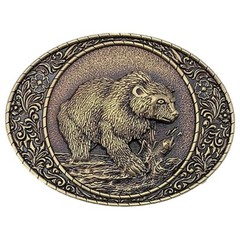 Men Antique BRONZE Metal Belt Buckle Bear Hunting Salmon