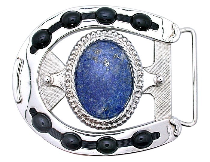 Silver Color 40×30 Lapis Black Onyx Cabochon Horseshoe Belt Buckle PBB37/3726