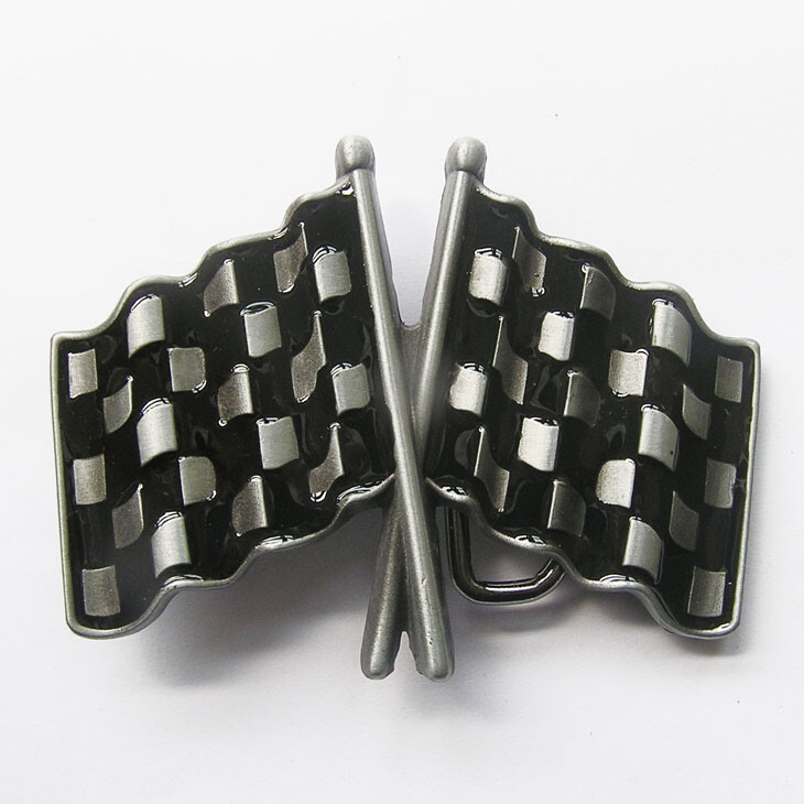 Black & White Checkered Flags Racing Car Metal Novelty Belt Buckle