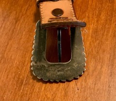 Mexico Silver Gold Overlay Engraved Flower Ranger Buckle Brown Tooled Belt 36&Prime;