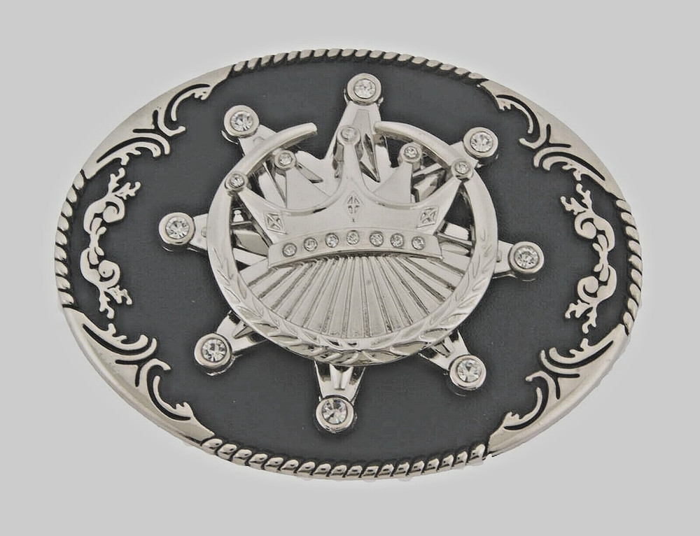 Crown Belt Buckle Vintage Spinner Silver Black Metal Western Rodeo Men Women