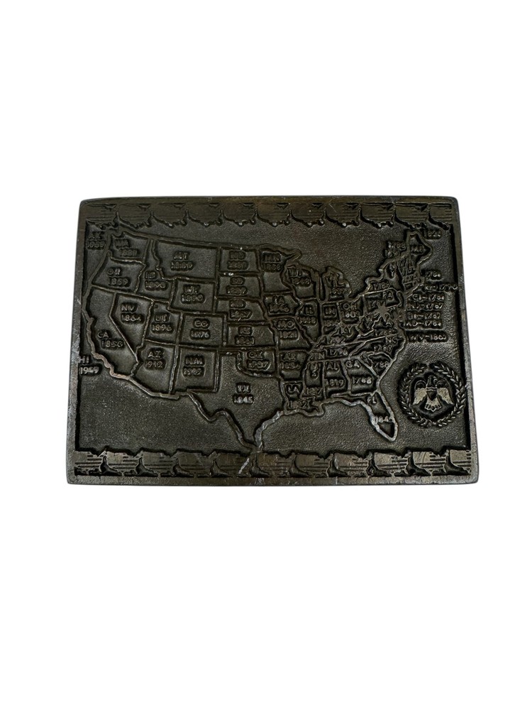 Vintage US Map Belt Buckle United States State Dates Eagle Emblem Solid Metal