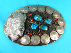 Vtg 1970&rsquo;s NA Style Turquoise Coral Buffalo Nickel Silver Squaw Wrap Belt Buckle