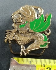 GREEN WINGED DRAGON WITH BABY DRAGONS SOLID BRASS BELT BUCKLE 1982 BARON BUCKLES