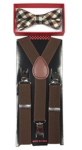 Suspenders & Brown Plaid Bowtie Matching Set Baby Toddler Kids Boys Wedding