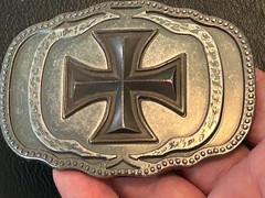Iron Cross belt buckle, Maltese style symbol with dark enameled finish