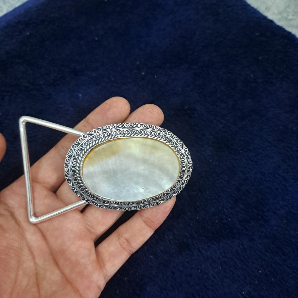 Golden Mother of Pearl Belt Buckle – Silver Plated Filigree Setting, Handmade