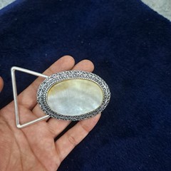 Golden Mother of Pearl Belt Buckle – Silver Plated Filigree Setting, Handmade