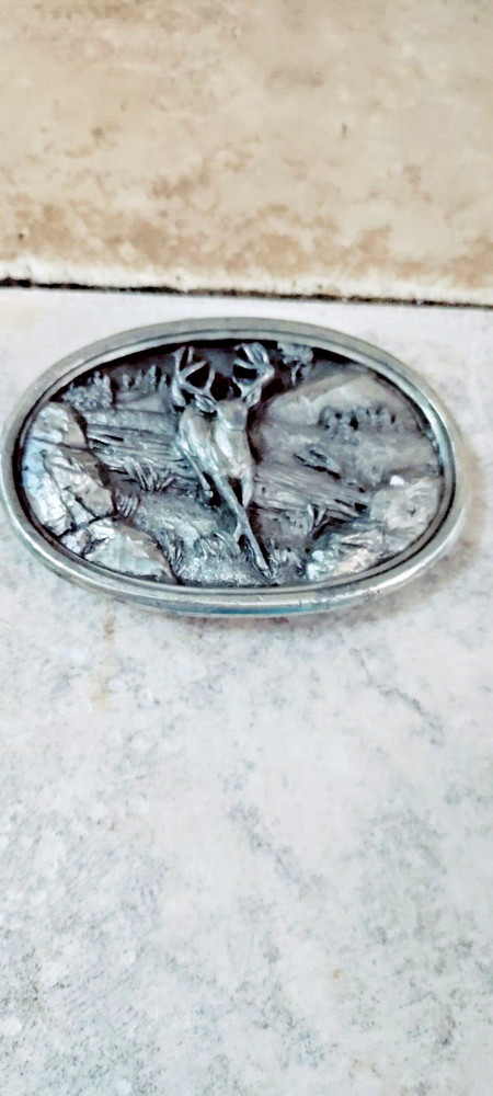 BELT BUCKLE 1983 PEWTER BAGAMOT ELK G-145 3 1/2 x 2 1/2&Prime;