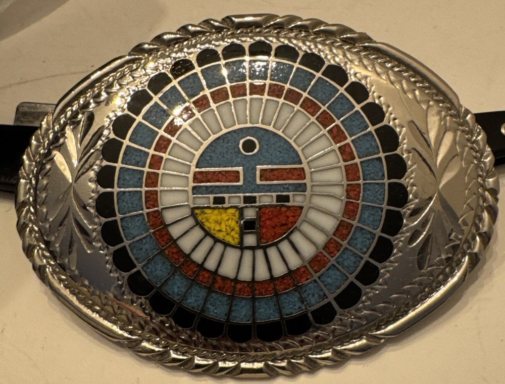 Silver Engraved Inlaid Buckle Native with Eagle Feather Shield TBD1 SSI 88 VTG