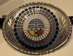 Silver Engraved Inlaid Buckle Native with Eagle Feather Shield TBD1 SSI 88 VTG