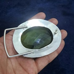 Gemstone Belt Buckle Handmade Green Faceted Glass Vintage Silver Tone Buckle