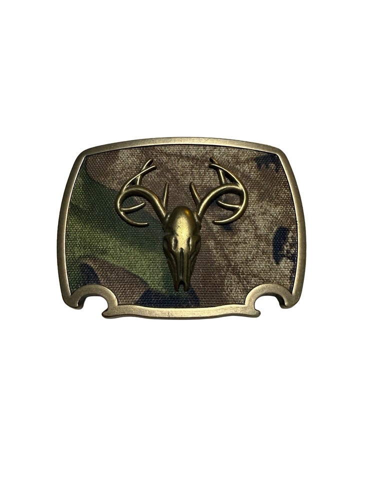 Deer Skull Antler Belt Buckle Camo Hunting Western Brass Tone 1.75 Belt