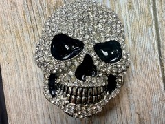 Creepy Skull Grinning Teeth Black Enamel Clear Rhinestone Covered Belt Buckle