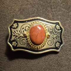Western Floral GOLD Tone Belt Buckle Orange Oval Stone Antique Finish USA