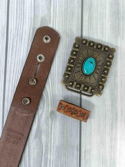 Paul Walter Antique Brass Concho Buckle with Turquoise Large (36-38), Brown