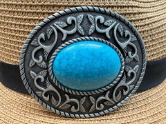 Antiqued Silver Classic Cowboy Floral Pattern Big Turquoise Bead Belt Buckle