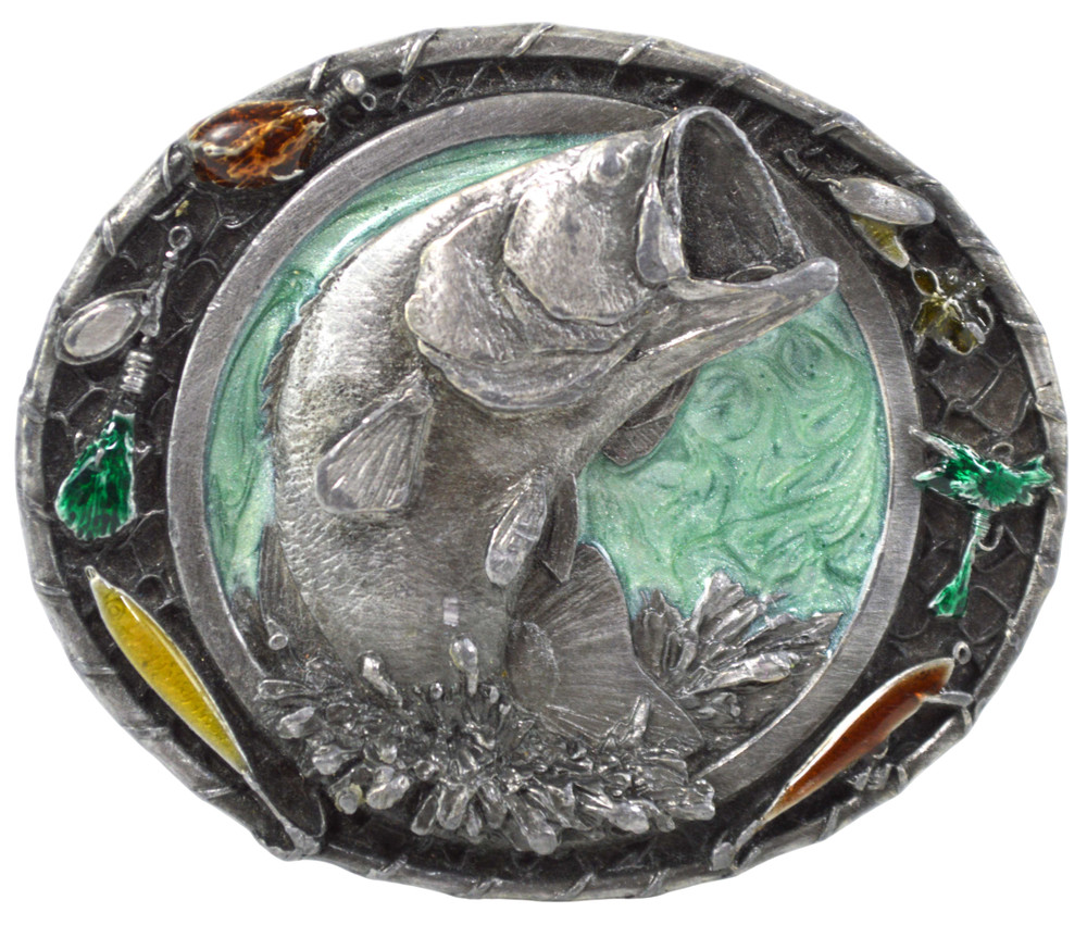 Bergamot Brass Works Brass Belt Buckle Largemouth Bass Fisherman Fishing 1986