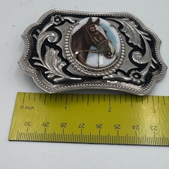 Vintage Western Horse Portrait Belt Buckle Silver Tone Floral Scrollwork Cowboy